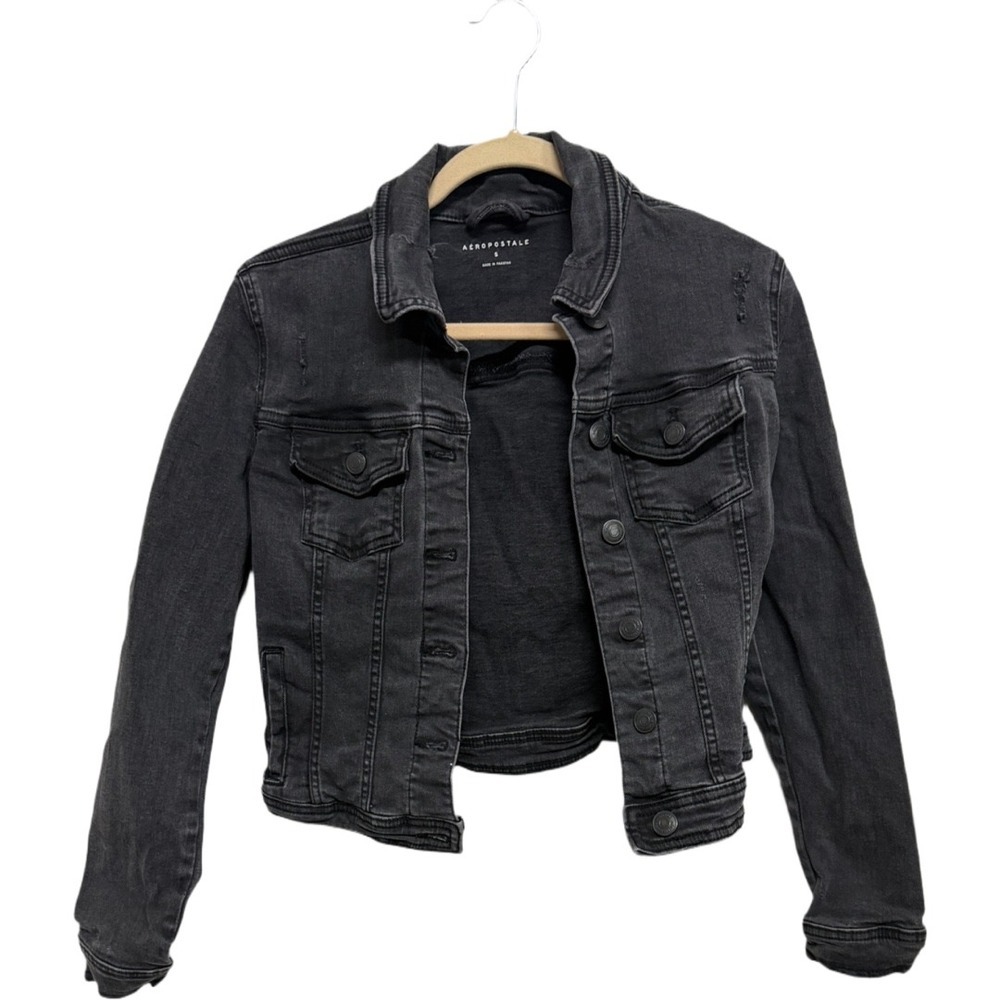Aéropostale Seriously Stretchy Black Distressed Denim Jacket Women Small Cropped